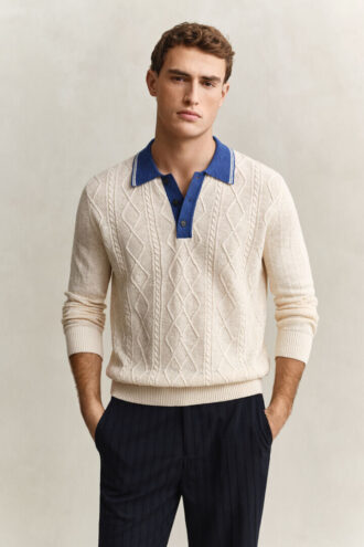 Polo-Pullover mit Zopfmuster