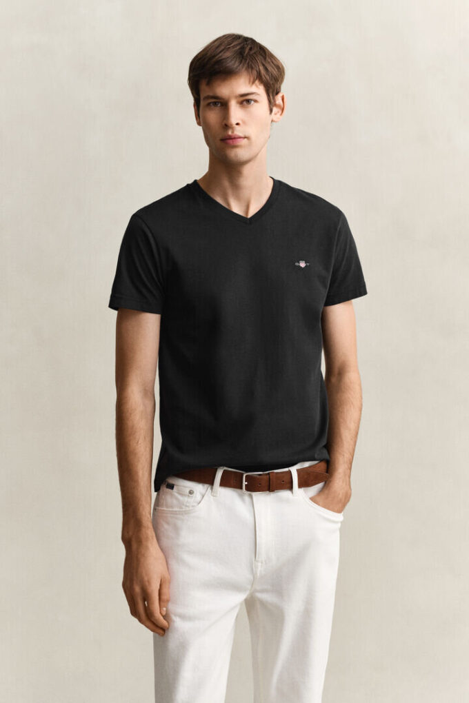 Slim-Fit-T-Shirt mit V-Ausschnitt und Wappen