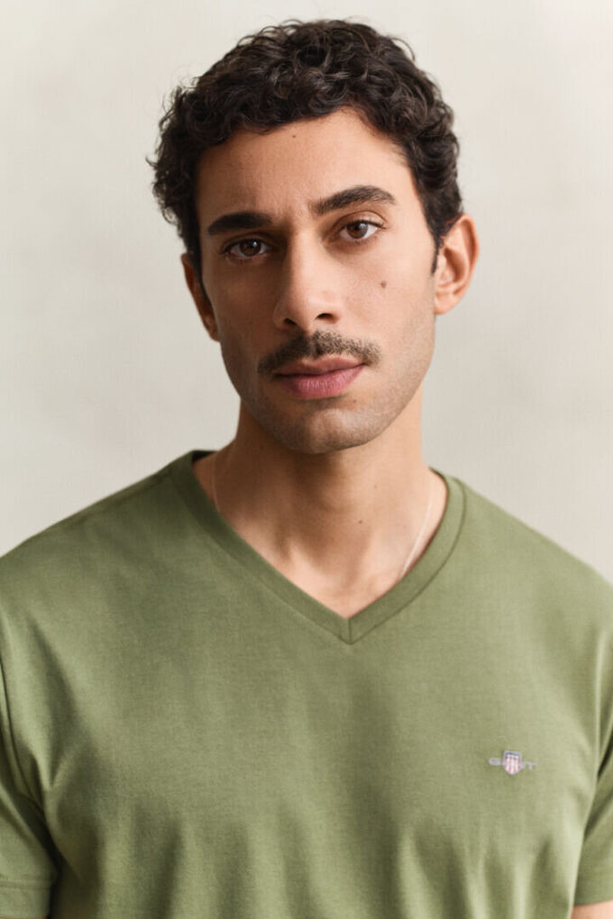 Slim-Fit-T-Shirt mit V-Ausschnitt und Wappen