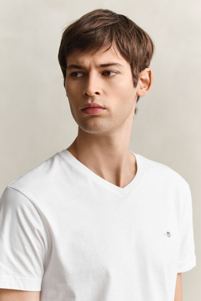 Slim-Fit-T-Shirt mit V-Ausschnitt und Wappen