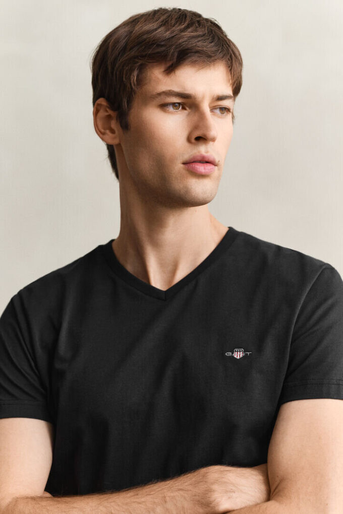Slim-Fit-T-Shirt mit V-Ausschnitt und Wappen